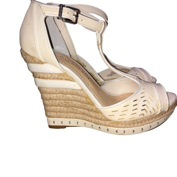 GIANNI BINI WEDGE HEELS SHOES SZ 6M CREAM TAN SANDALS OPEN TOE 4.5" HEEL WOMENS - Picture 3 of 6